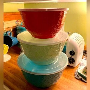 EUC Pioneer Woman Retired “Fleur” 6-pc Nesting Mixing Bowl Set with Lids